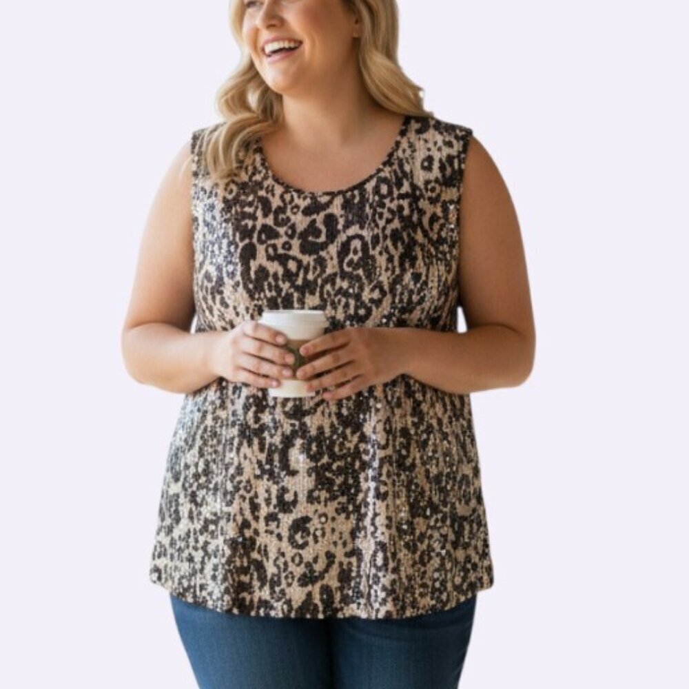Joan Rivers Brown and Cream Animal Print Tank Top Cami Sequin Front Plus 2X NWT
